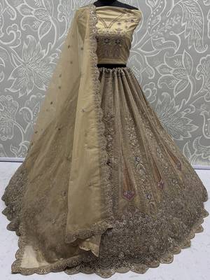 golden diamond work net lehenga set choli with dupatta 7