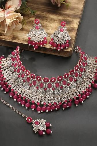 Beads choker necklace set with earrings for women – silver-tone bridal & party wear jewelry