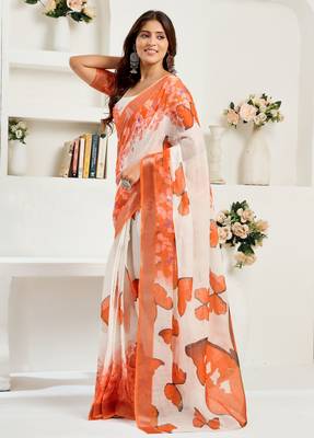 White & orange linen butterfly motifs printed ready to wear saree 2