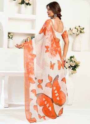 White & orange linen butterfly motifs printed ready to wear saree 3