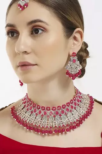 Beads choker Necklace :: set with earrings for women     silver-tone bridal & party wear jewelry