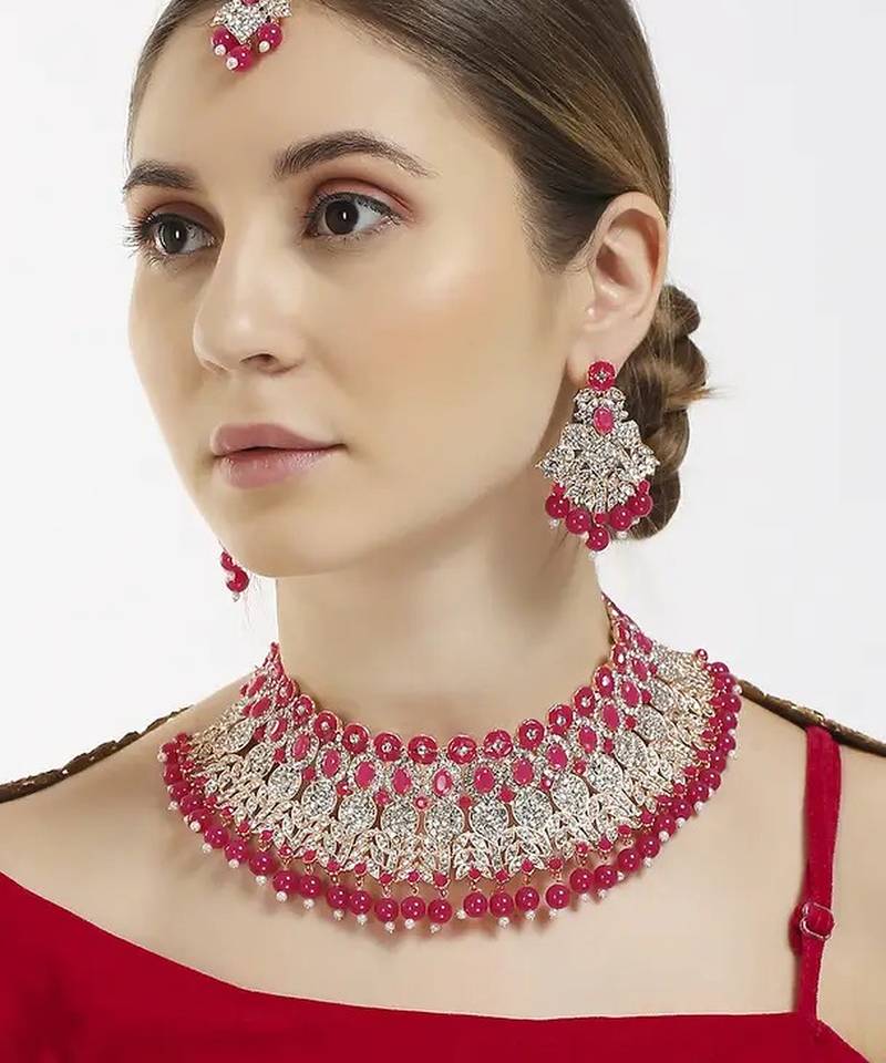 Beads choker necklace set with earrings for women – silver-tone bridal & party wear jewelry