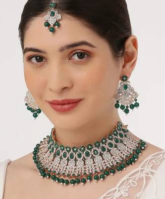 Beads choker Necklace :: set with earrings for women     silver-tone bridal & party wear jewelry 1