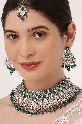 Beads choker necklace set with earrings for women     silver-tone bridal & party wear jewelry