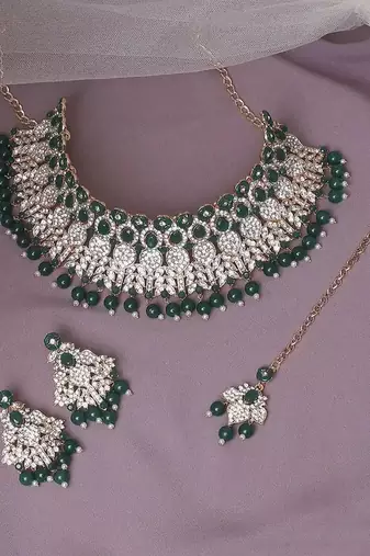 Beads choker Necklace :: set with earrings for women     silver-tone bridal & party wear jewelry