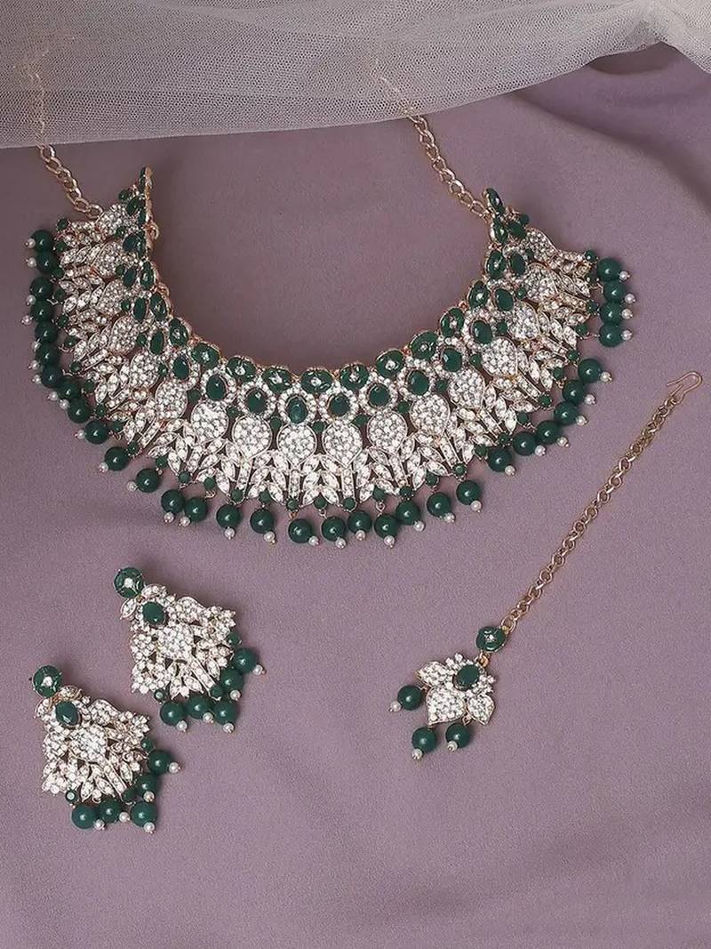 Beads choker necklace set with earrings for women     silver-tone bridal & party wear jewelry