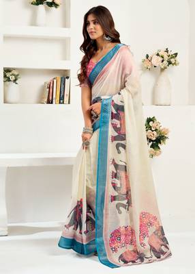 Off white linen elephant motifs printed ready to wear saree 2