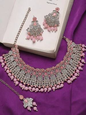 Beads choker Necklace :: set with earrings for women     silver-tone bridal & party wear jewelry 1
