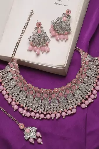 Beads choker necklace set with earrings for women     silver-tone bridal & party wear jewelry