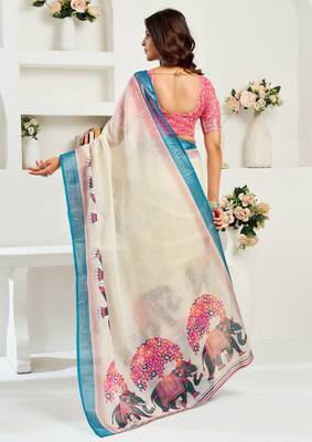 Off white linen elephant motifs printed ready to wear saree 3