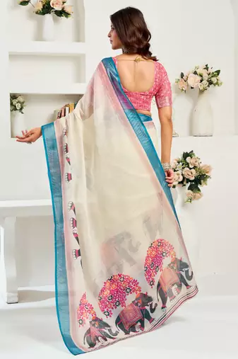 Off white linen elephant motifs printed ready to wear saree
