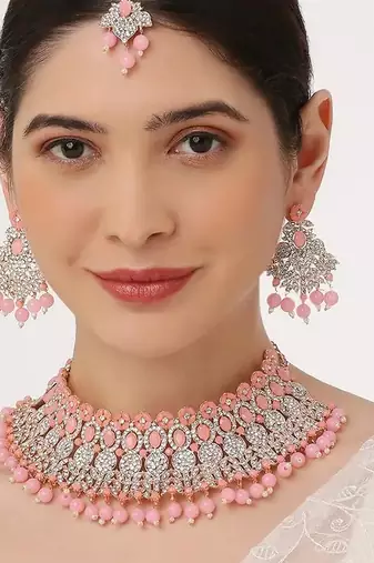 Beads choker Necklace :: set with earrings for women     silver-tone bridal & party wear jewelry