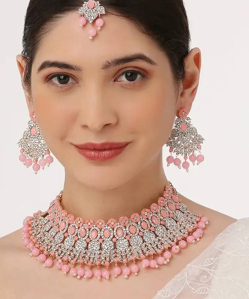 Beads choker necklace set with earrings for women     silver-tone bridal & party wear jewelry