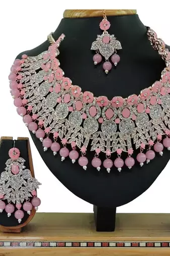 Beads choker Necklace :: set with earrings for women     silver-tone bridal & party wear jewelry