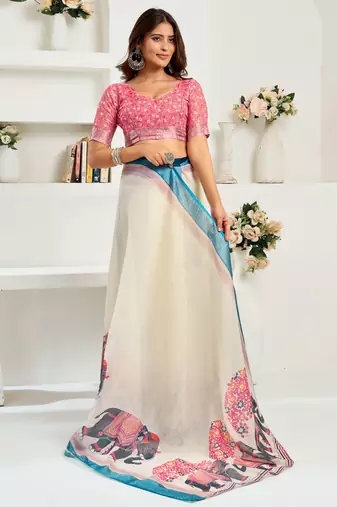 Off white linen elephant motifs printed ready to wear saree