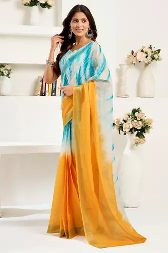 Yellow & sky blue linen abstract  printed ready to wear saree