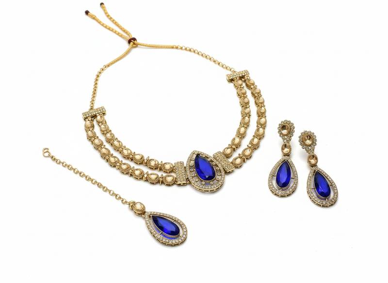 Teardrop bridal necklace set with earrings & maang tikka - ethnic wedding jewelry for brides & parties