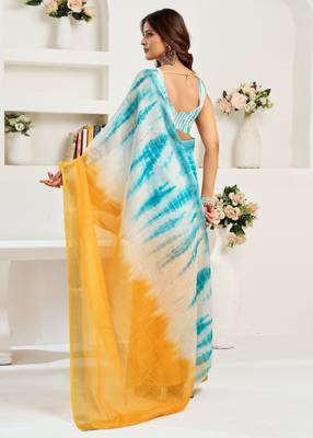 Yellow & sky blue linen abstract  printed ready to wear saree 3