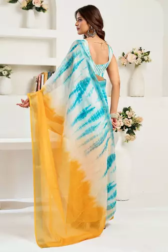 Yellow & sky blue linen abstract  printed ready to wear saree