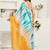 Yellow & sky blue linen abstract  printed ready to wear saree