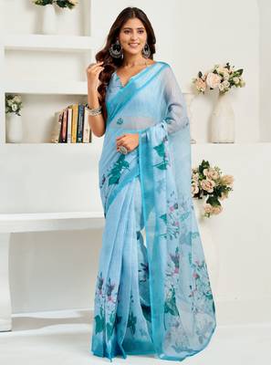 Light blue linen floral & leaf printed ready to wear saree 1