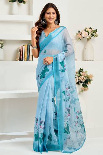 Light blue linen floral & leaf printed ready to wear saree