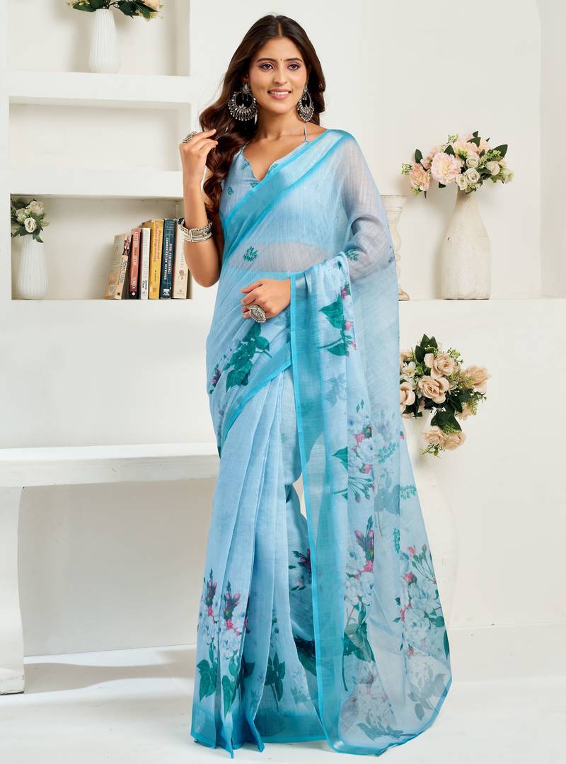 Light blue linen floral & leaf printed ready to wear saree