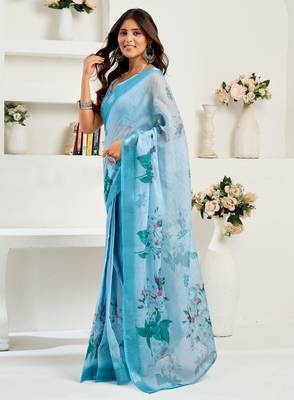 Light blue linen floral & leaf printed ready to wear saree 2
