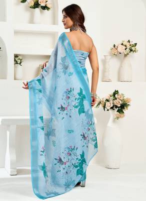 Light blue linen floral & leaf printed ready to wear saree 3