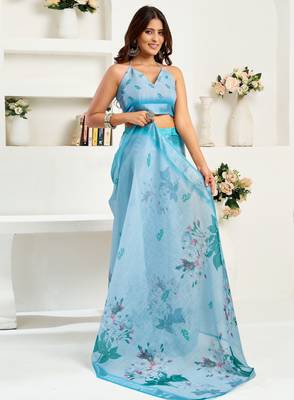 Light blue linen floral & leaf printed ready to wear saree 5
