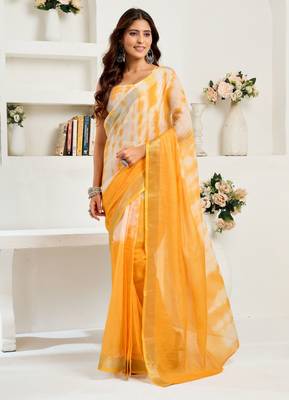 Yellow & white linen leheriya   printed ready to wear saree 1