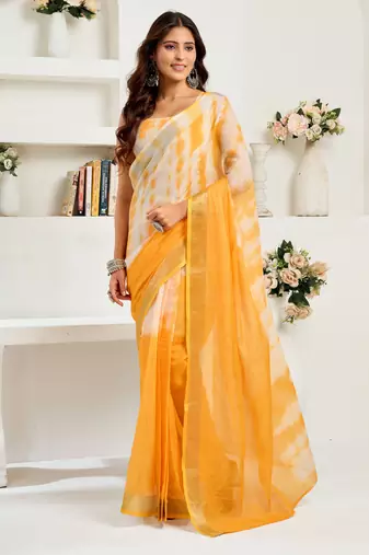 Yellow & white linen leheriya   printed ready to wear saree