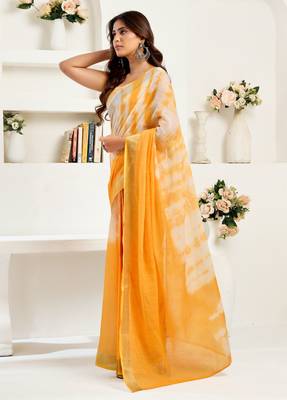 Yellow & white linen leheriya   printed ready to wear saree 2