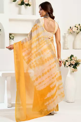 Yellow & white linen leheriya   printed ready to wear saree