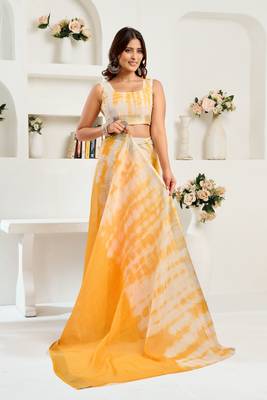 Yellow & white linen leheriya   printed ready to wear saree 5