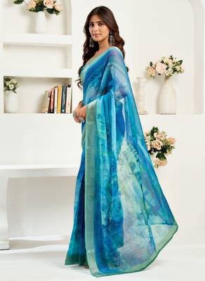 Blue linen abstract printed ready to wear saree 2