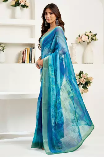 Blue linen abstract printed ready to wear saree