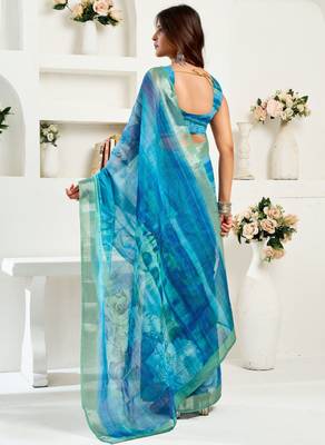 Blue linen abstract printed ready to wear saree 3