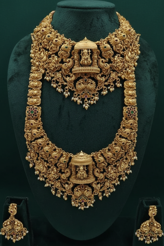 Grand south indian temple bridal necklace set for women     antique gold-plated lakshmi haram with choker & jhumka
