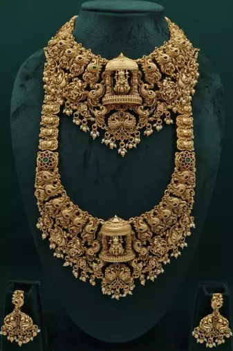 Grand south indian temple bridal necklace set for women     antique gold-plated lakshmi haram with choker & jhumka