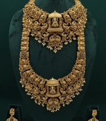 Grand south indian temple bridal necklace set for women     antique gold-plated lakshmi haram with choker & jhumka