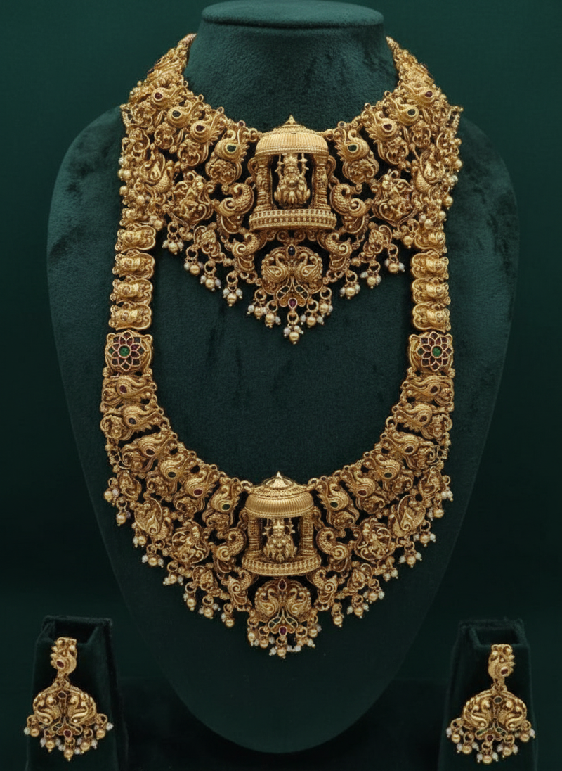 Grand south indian temple bridal necklace set for women     antique gold-plated lakshmi haram with choker & jhumka