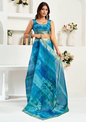 Blue linen abstract printed ready to wear saree 5