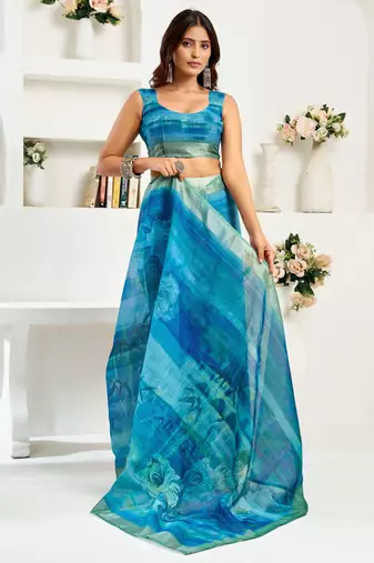 Blue linen abstract printed ready to wear saree