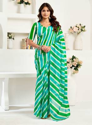 Turquoise linen striped printed ready to wear saree 1