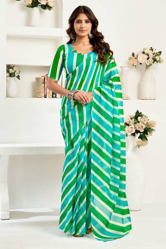 Turquoise linen striped printed ready to wear saree
