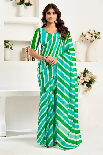 Turquoise linen striped printed ready to wear saree
