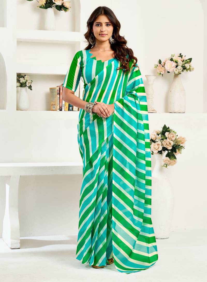 Turquoise linen striped printed ready to wear saree