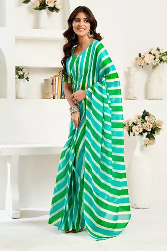 Turquoise linen striped printed ready to wear saree