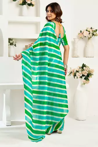 Turquoise linen striped printed ready to wear saree